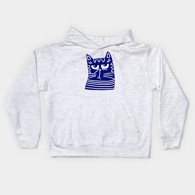 Blue and white cat head with grumpy face Kids Hoodie by iulistration